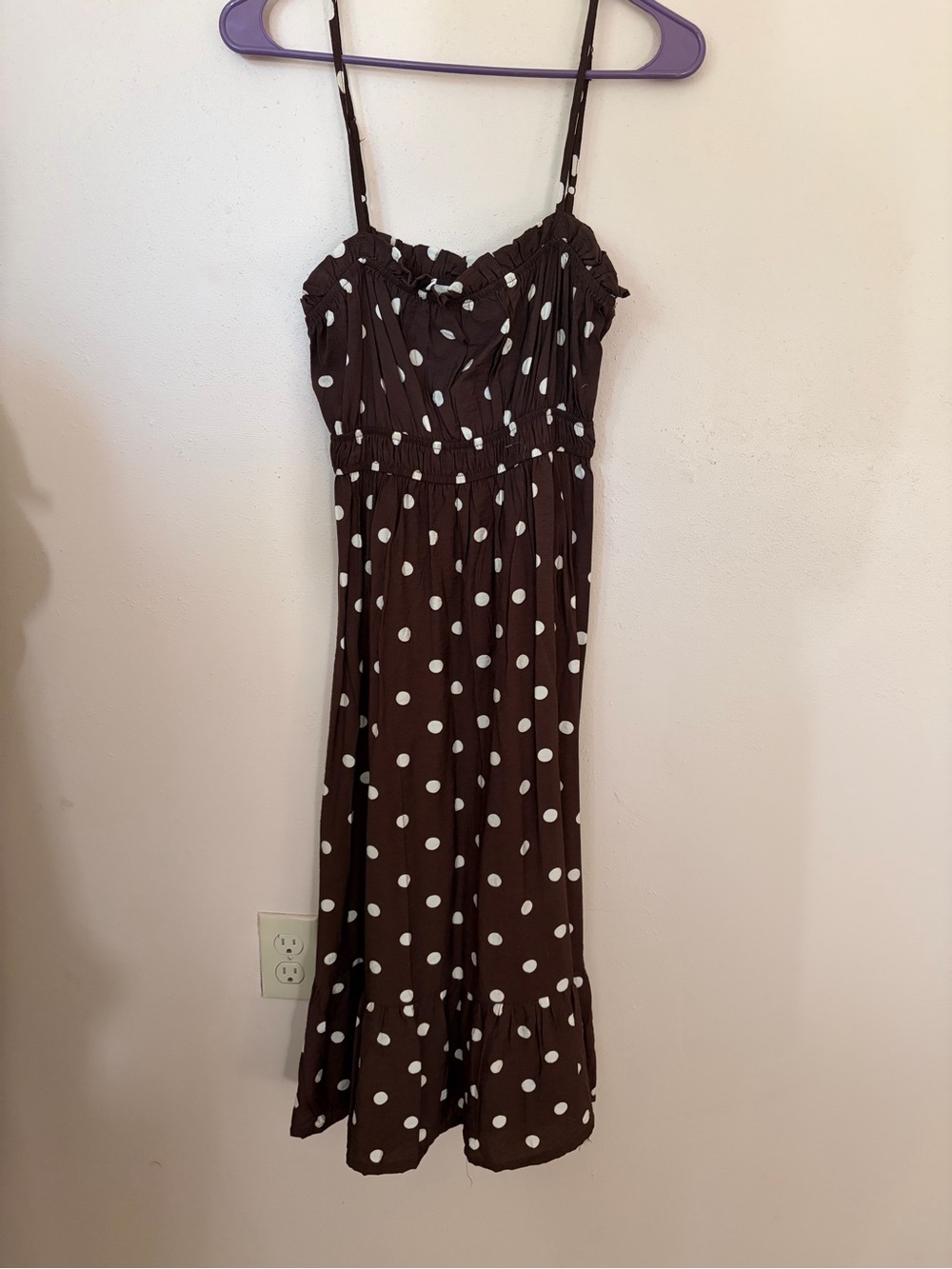 Brown Polka Dot Midi Sundress with Spaghetti Straps